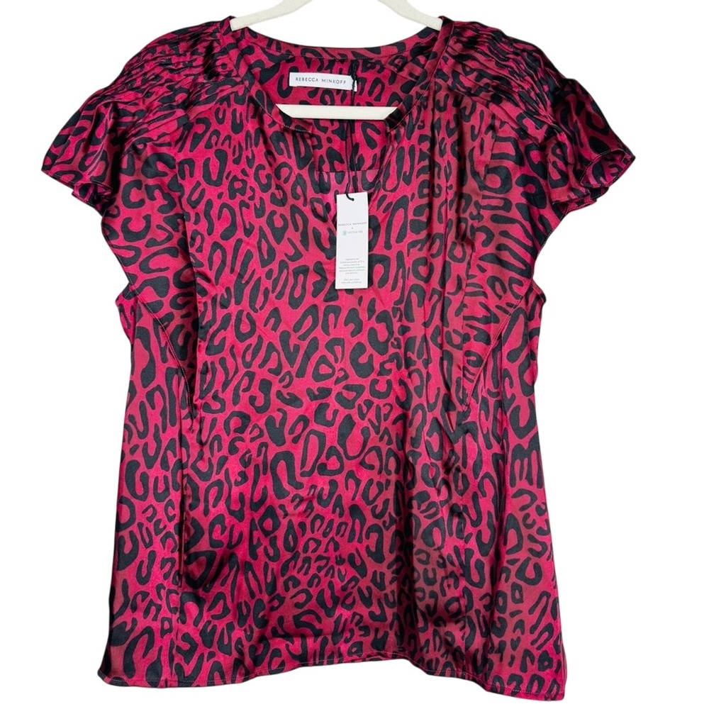 Rebecca Minkoff Women 1X Gina Blouse Burgundy Animal Print Ruffle V Neck‎ Office